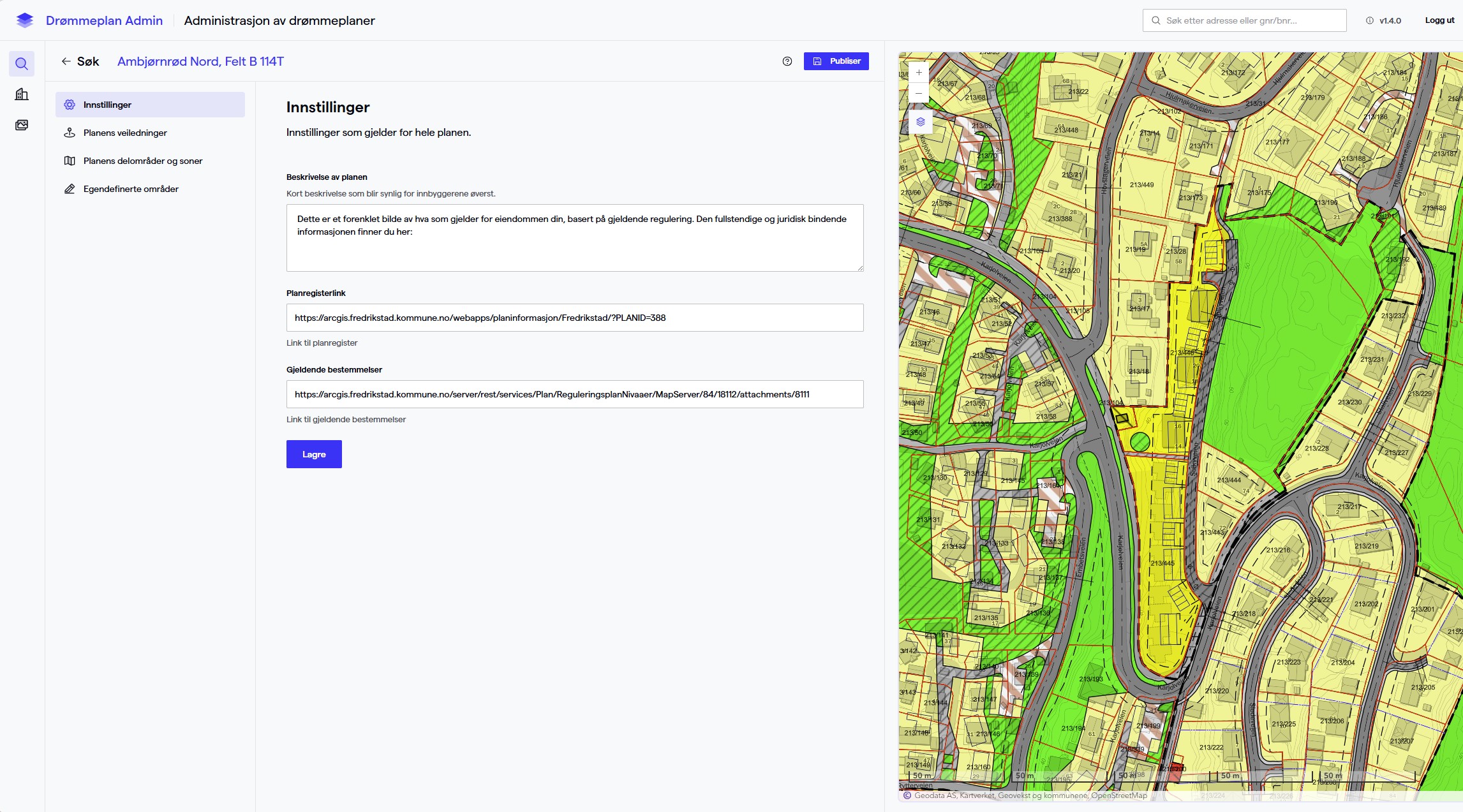 Innstillinger-siden med planregisterlink og gjeldende bestemmelser