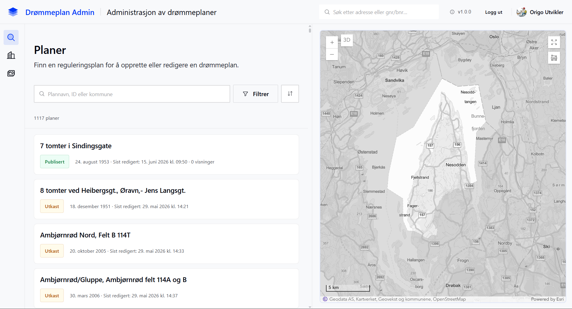 Startskjerm med planliste og søkefelt