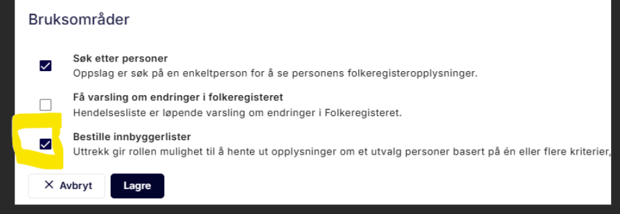 Bruksområder i Fiks forvaltning, med «Bestille innbyggerlister» avhuket
