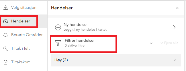Filtrer hendelser panel