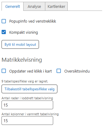 Innstillinger-siden med fanene Generelt, Analyse og Kartlenker