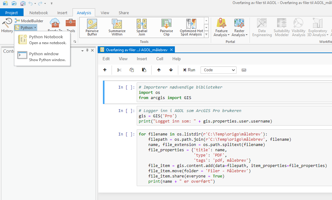 Åpne Python Notebook i ArcGIS Pro