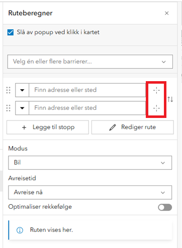Start og stopp i ruteberegner